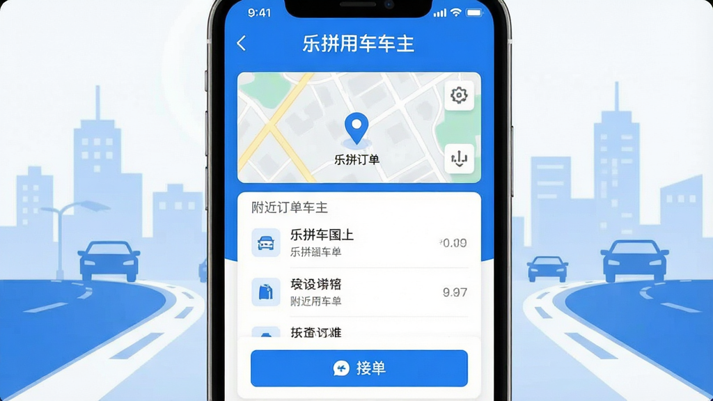 手机屏幕居中展示乐拼用车车主应用主界面,顶部显示“乐拼用车车主”文字标识,界面包含地图定位、附近订单列表、接单按钮等元素,背景为城市道路与车辆剪影,整体布局简洁清晰,风格为扁平化科技风,色调以蓝白为主,细节包含图标、文字标签、按钮高亮,画质清晰干净无多余元素