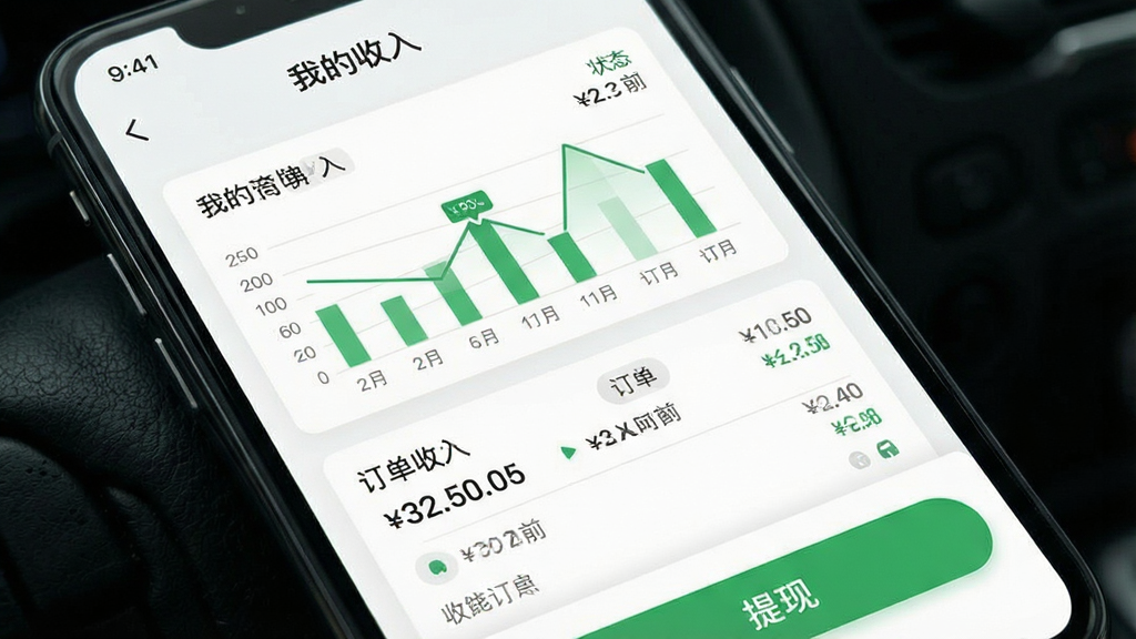 手机屏幕显示乐拼用车车主收入明细页面,画面中央为收入统计图表与订单列表,顶部显示“我的收入”文字,底部为“提现”按钮,整体布局为卡片式设计,风格为清新浅色,色调白绿搭配,细节包含数字金额、时间标签、状态图标,画质清晰干净无多余元素