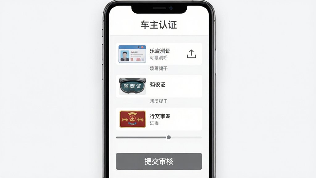 手机屏幕展示乐拼用车车主注册认证页面,画面包含身份证、驾驶证、行驶证等证件上传入口,顶部为“车主认证”文字,底部为“提交审核”按钮,整体布局为表单式设计,风格为简约商务,色调白灰为主,细节包含上传图标、填写提示、进度指示,画质清晰干净无多余元素