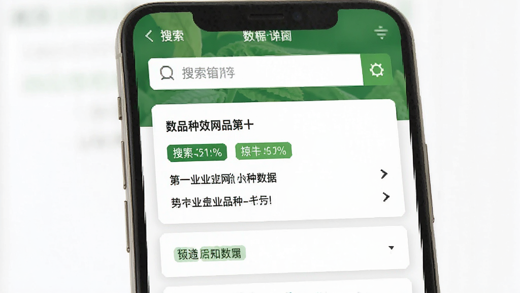 第一种业网品种数据查询界面,主体为手机屏幕显示品种详细信息,布局为上下结构,上方搜索框下方详情卡片,排版整齐,风格为专业农业数据风,细节包含绿色数据标签和白色卡片,画质清晰,干净,无多余元素