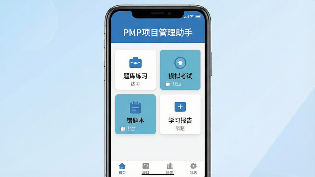一张展示PMP项目管理助手手机应用主界面的预览图,画面中央是一部竖屏智能手机,屏幕内显示软件首页,顶部有“PMP项目管理助手”字样,中部排列题库练习、模拟考试、错题本、学习报告四个功能入口卡片,底部为导航栏,背景为浅蓝色渐变,风格简洁商务,细节清晰,画质干净,无多余元素