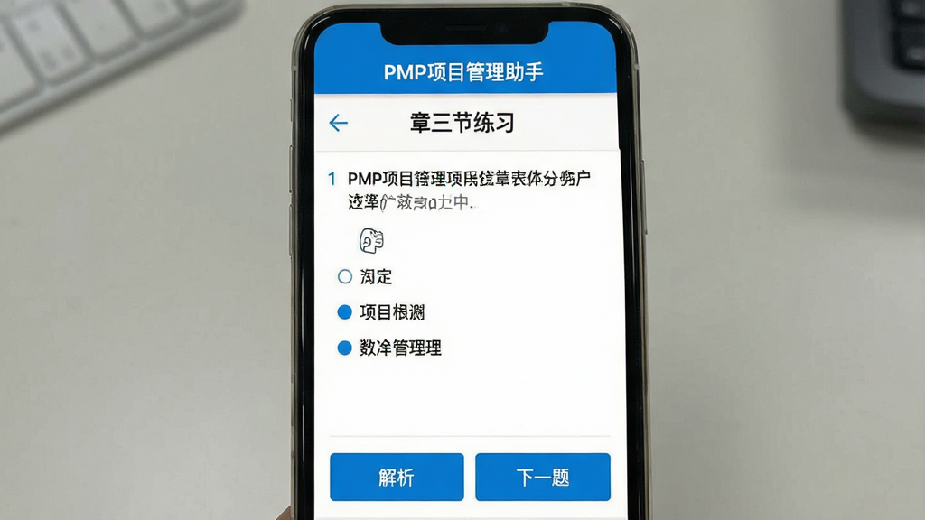 一张展示PMP项目管理助手题库练习界面的预览图,画面为手机屏幕特写,屏幕上方显示“PMP项目管理助手”与章节练习标题,中间是一道选择题与四个选项,下方有解析按钮与下一题按钮,界面配色为白底蓝字,风格清爽简约,画质清晰,无多余元素