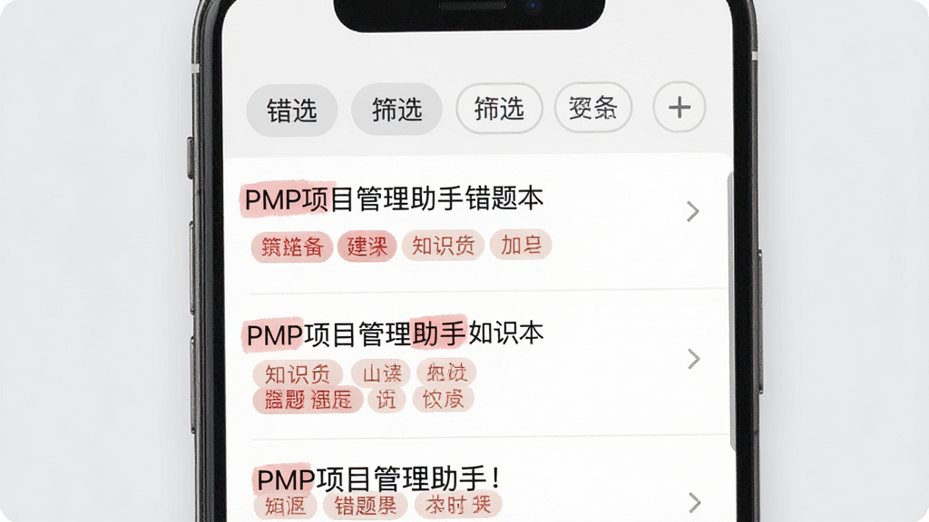一张展示PMP项目管理助手错题本功能的预览图,画面为手机屏幕,屏幕内显示“PMP项目管理助手”错题列表,每条错题带有红色标记与知识点标签,顶部有筛选按钮,背景为浅灰色,风格素雅极简,画质干净,无多余元素