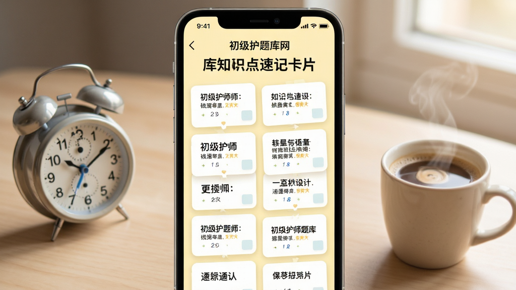 初级护师题库网知识点速记卡片界面,手机屏幕显示一张张卡片式知识点条目,背景为淡黄色,旁边有闹钟和咖啡杯元素,风格温馨清新,排版整齐,画质清晰干净