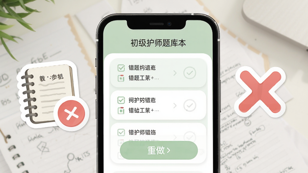 初级护师题库网错题本功能展示,手机屏幕内呈现错题列表和重做按钮,界面以浅绿色和白色为主,旁边有笔记本和红色叉号图标装饰,风格柔和圆角,画质干净无多余元素