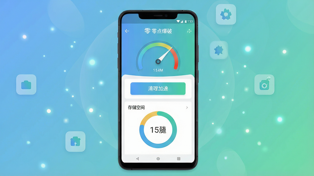 一张展示零点爆破手机清理软件界面的概念图,画面主体是一部竖屏安卓手机,屏幕上显示着零点爆破的仪表盘界面,有清理加速按钮和存储空间环形图,布局居中,排版干净,风格为现代科技感扁平化设计,细节包括柔和的蓝绿渐变背景、悬浮的粒子光点、简约的图标,画质高清,干净,无多余元素