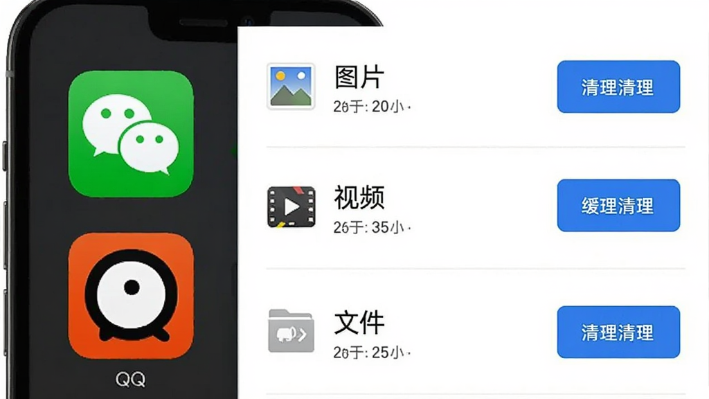 零点爆破的应用专清界面,画面主体为手机屏幕,屏幕上显示着微信和QQ的图标,旁边有详细的缓存分类列表,如“图片”“视频”“文件”,布局为列表式,风格为简约商务风,细节包括每个分类右侧有清理按钮和大小显示,背景为纯白色,画质高清,干净,无多余元素