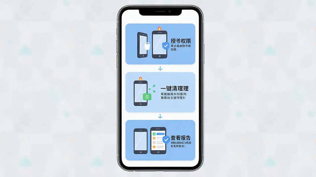 零点爆破软件的新手引导界面,画面主体为手机屏幕,屏幕上显示着三个步骤的图文教程,分别对应授予权限、一键清理和查看报告,布局为竖向排列的卡片,风格为扁平化插画风,细节包括每张卡片上有手机图标和箭头指示,背景为浅灰色,画质高清,干净,无多余元素