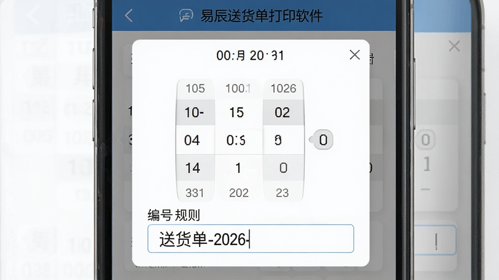 易辰送货单打印软件快速日期设置界面生图,画面为手机屏幕截图风格,屏幕上显示日期选择弹窗和单据编号设置面板,有年份月份日期的滚轮选择器,编号规则输入框内有“送货单-2026-”字样,界面配色清爽,布局合理,画质清晰,无多余装饰元素