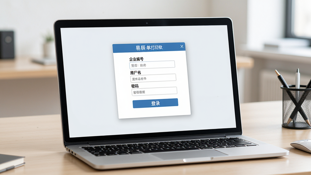 易辰送货单打印软件电脑版登录界面生图,画面为一台笔记本电脑屏幕,屏幕上显示登录窗口,包含企业编号输入框、用户名输入框、密码输入框和登录按钮,界面设计简洁商务,背景为浅色办公桌,画质清晰,干净无多余元素