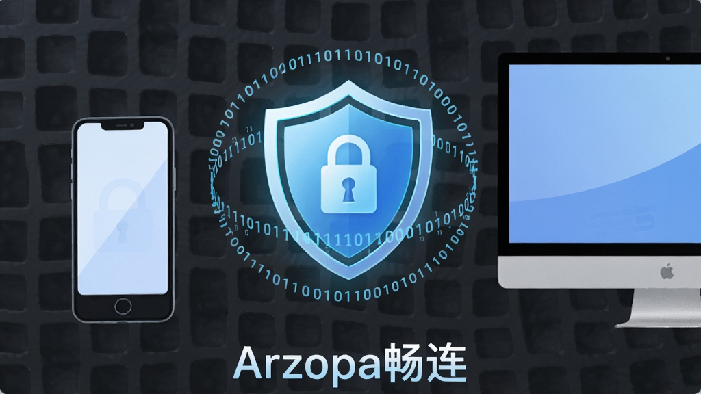 一个发光的盾牌图标悬浮在手机和显示器之间,盾牌表面有锁形图案,背景是深灰色的网格纹理,布局居中对称,风格为安全概念插画,细节上盾牌周围环绕着细小的二进制代码光环,画面底部有文字“Arzopa畅连”,画质为4K,画面干净无多余元素