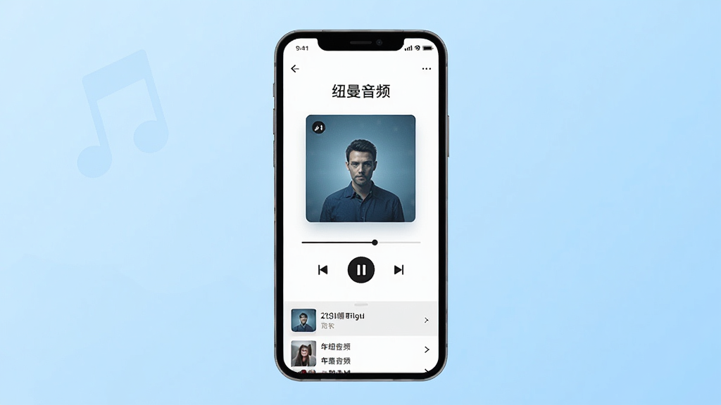 画面中央放置一部智能手机,手机屏幕显示简洁的音乐播放界面,界面顶部有