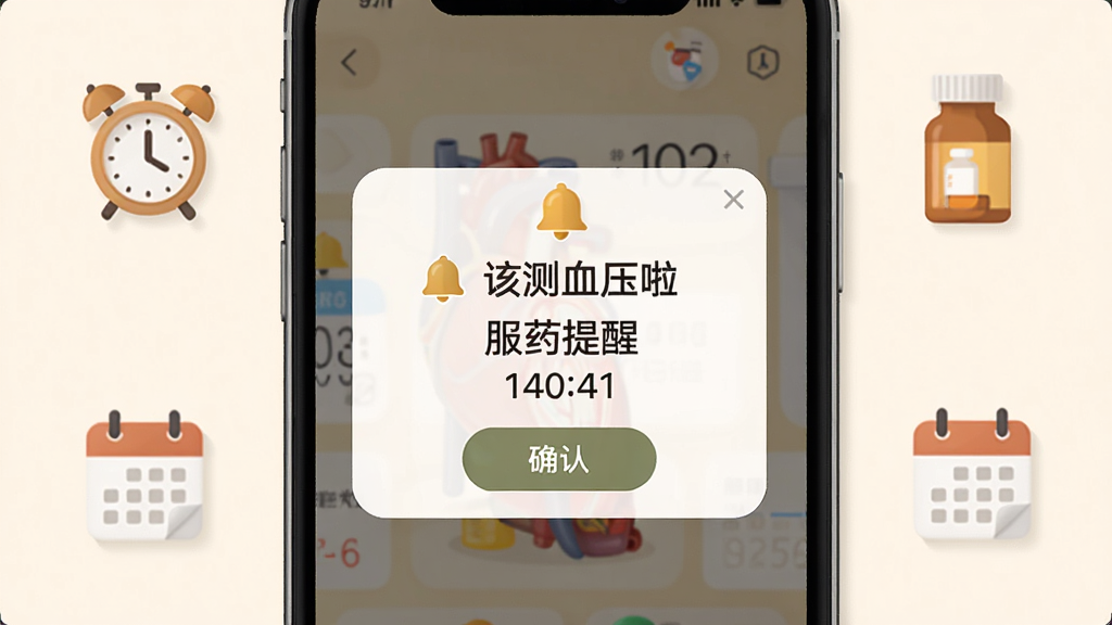 血压血糖小助手 用药提醒通知界面,画面中央手机屏幕显示提醒弹窗,弹窗内文字“该测血压啦”与“服药提醒”,周围环绕闹钟、药瓶、日历图标,布局简洁,排版居中,风格温馨提醒风,细节包含铃铛图标、时间数字、确认按钮,画质高清,干净,无多余元素