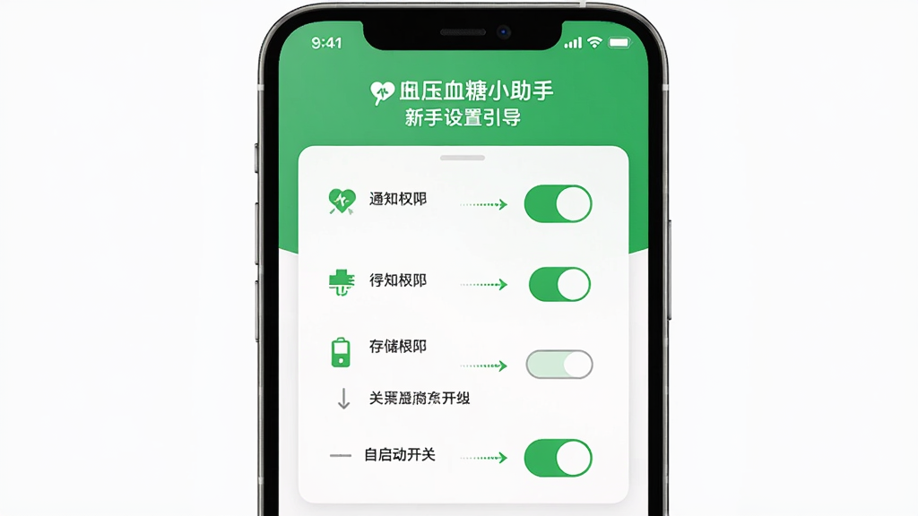 血压血糖小助手 新手设置引导页面,画面中手机屏幕显示权限开启向导,包含通知权限、存储权限、自启动开关,布局分步展示,排版清晰,风格简洁引导风,细节包含绿色开关按钮、箭头指示、图标说明,画质高清,干净,无多余元素