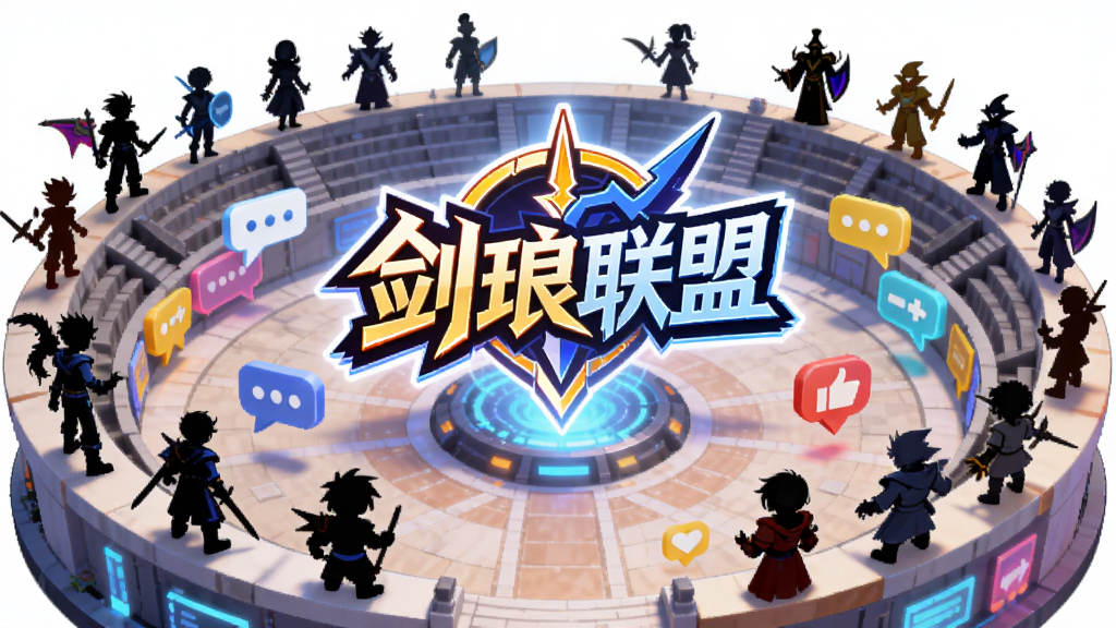 一个圆形竞技场造型的虚拟社区广场,周围环绕着不同游戏角色的剪影,中央悬浮着发光的