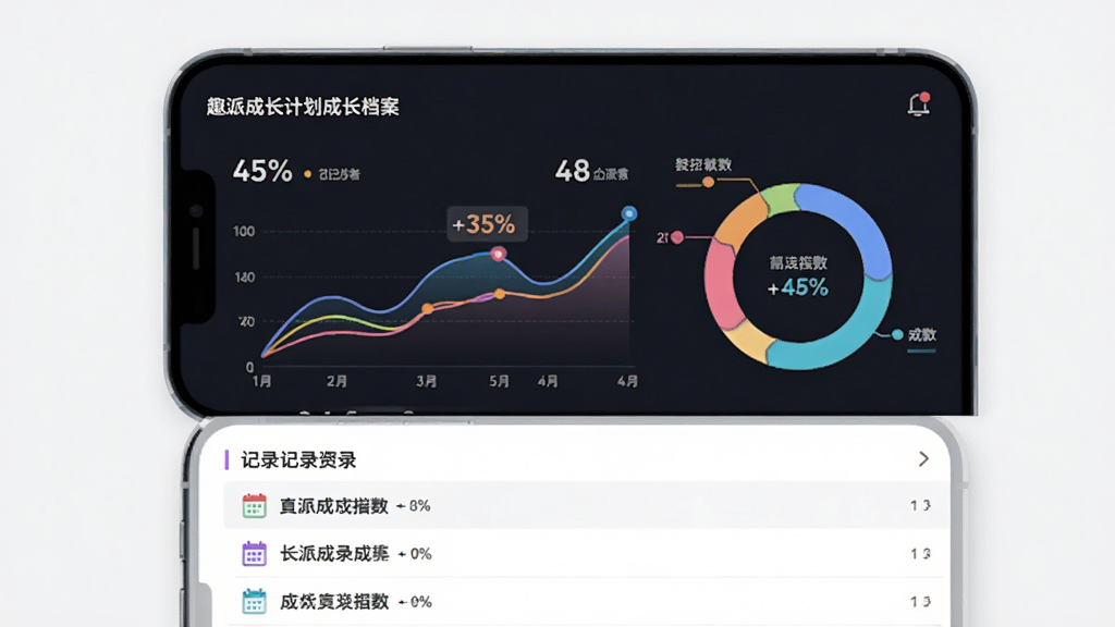 趣派成长计划成长档案数据统计页面图,主体为手机屏幕展示折线图和环形统计图,布局为上方图表下方记录列表,排版整齐清晰,风格现代简约,细节包含彩色数据曲线、百分比数字、日历图标,画质清晰干净,无多余元素