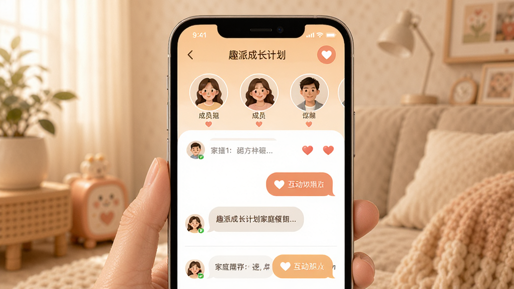 趣派成长计划家庭互动功能界面图,主体为手机屏幕展示家庭成员头像和互动留言气泡,布局为上方成员列表下方消息流,排版温馨有序,风格柔和暖色调,细节包含爱心点赞图标、对话气泡、家庭群组标识,画质清晰干净,无多余元素