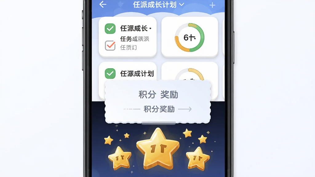 趣派成长计划任务打卡与积分激励功能展示图,主体为手机屏幕中显示任务列表和积分奖励弹窗,布局为上下结构,上方为任务卡片下方为积分星星动画,排版简洁明快,风格可爱卡通,细节包含勾选标记、金色星星、进度环,画质清晰干净,无多余元素