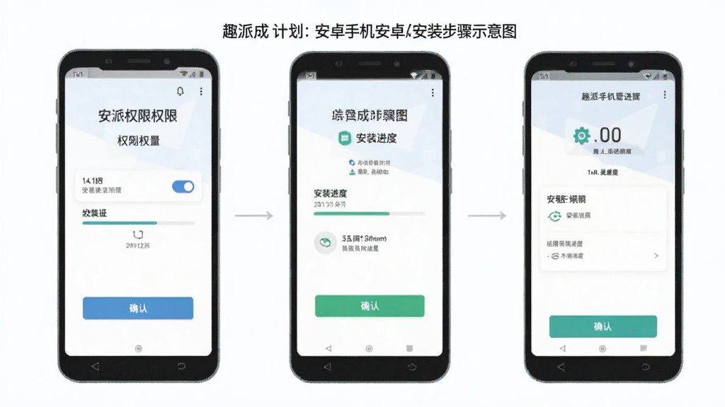 趣派成长计划安卓手机安装步骤示意图,主体为手机屏幕展示安装权限设置和安装进度界面,布局为上下排列的三步操作图,排版清晰直观,风格简洁扁平化,细节包含设置开关图标、进度条、确认按钮,画质清晰干净,无多余元素
