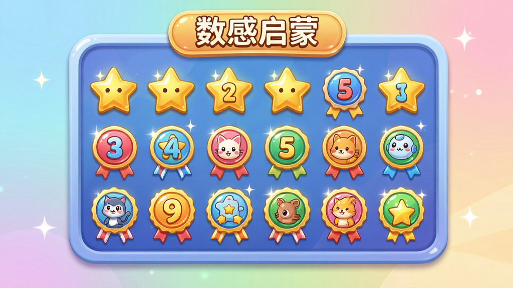 “数感启蒙”软件中的成就徽章页面展示,画面中央为一块虚拟奖牌墙,上面挂满金色星星和彩色徽章,每个徽章上印有数字和卡通图案,布局采用对称网格排列,风格为活泼卡通风,细节包含闪亮的光效、柔和的渐变背景、圆角边框,画质高清,干净,无多余元素