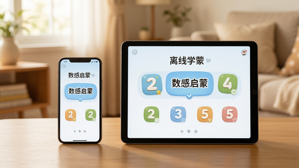 一部手机和一部平板并排放在木质桌面上,屏幕均显示“数感启蒙”软件的离线学习界面,画面采用平视角度构图,背景为温暖的家居环境,排版简洁,风格为清新简约风,细节包含柔和的自然光、干净的UI界面、圆润的数字图标,画质高清,干净,无多余元素