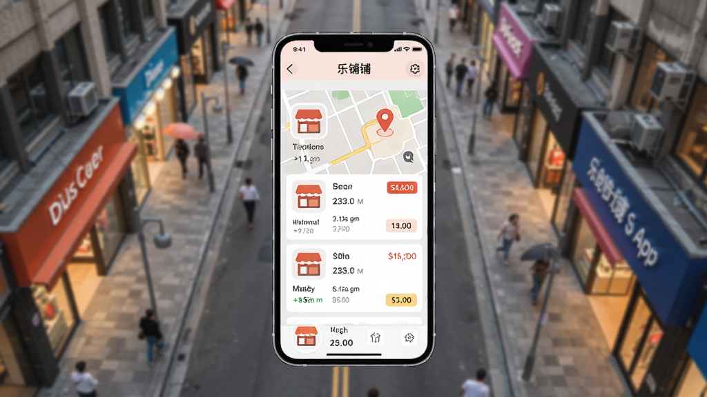 画面中央是一部智能手机,屏幕显示乐铺APP的商铺列表界面,背景是城市商业街的俯瞰图,布局采用中心对称构图,排版简洁清晰,风格为现代扁平化科技感,细节包括店铺图标、地图定位标记、租金标签,画质高清,干净,无多余元素
