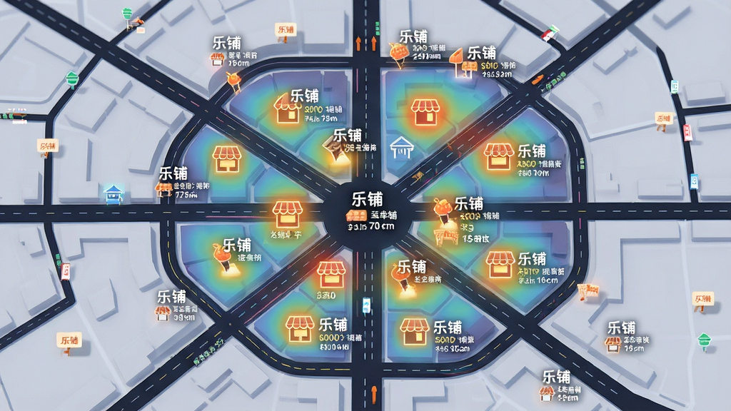 一张城市商业地图的俯视图,地图上散布着许多发光的店铺图标,每个图标旁边标注着“乐铺”字样和租金信息,布局采用广角视野,排版错落有致,风格为现代数据可视化,细节包括道路线条、商圈热力色块,画质高清,干净,无多余元素