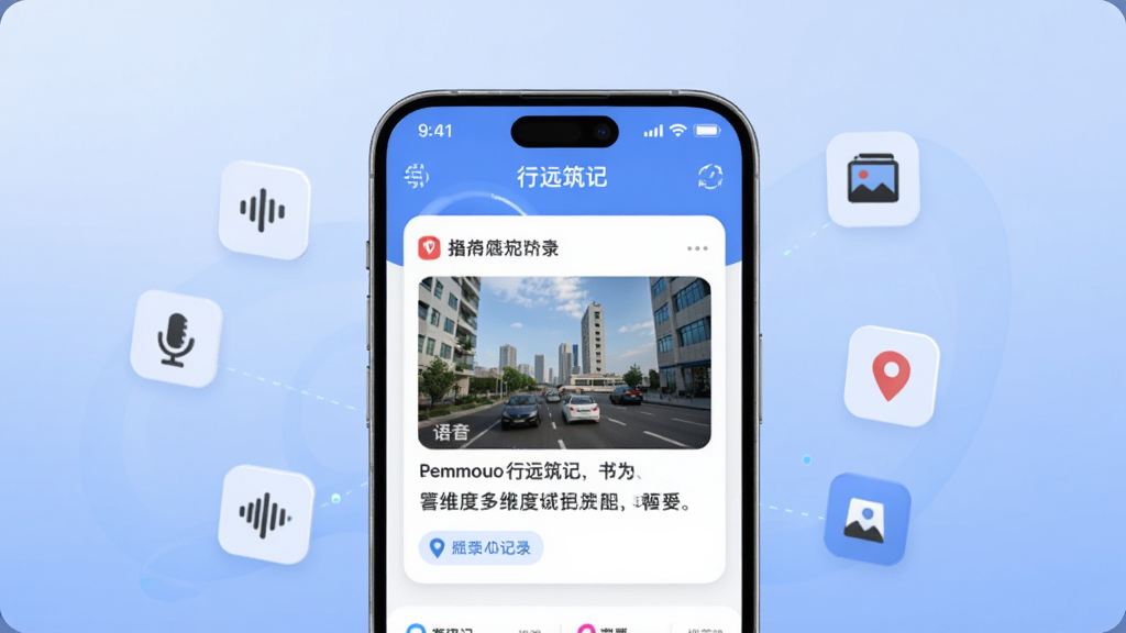 一张展示行远筑记多维度记录功能的生图,画面中手机屏幕显示行远筑记应用内一条带有图片、文字和位置标签的记录卡片,周围漂浮着代表语音、图片、位置的小图标,背景为柔和渐变蓝色,风格现代科技感,细节丰富,画质清晰,无多余元素