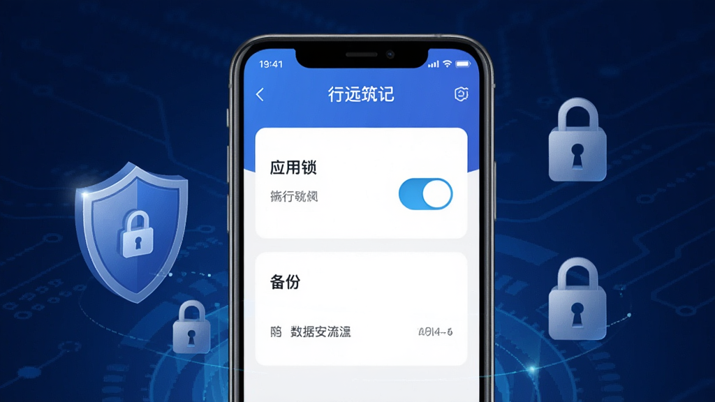 一张展示行远筑记数据安全功能的生图,画面中手机屏幕显示行远筑记应用内的安全设置页面,包含应用锁开关和备份选项,屏幕周围有盾牌和锁的图标元素,背景为深蓝色科技感渐变,风格稳重安全,细节清晰,画质干净,无多余元素