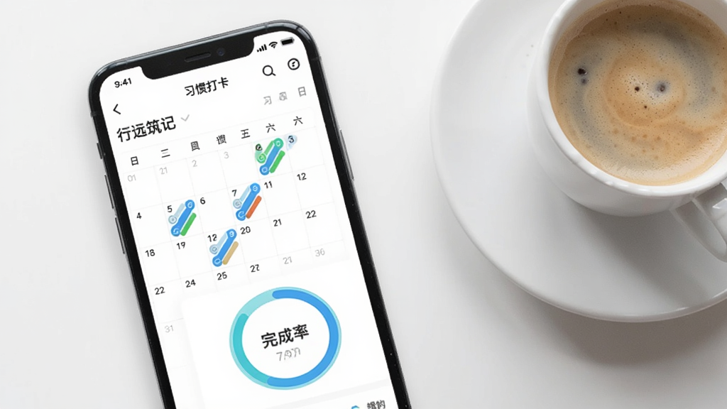 一张展示行远筑记目标追踪功能的生图,画面中手机屏幕显示行远筑记应用内的习惯打卡日历和进度环形图,日历上有多天标记为已完成,环形图显示完成率,背景为干净的白色桌面,旁边有一杯咖啡,风格清新商务,细节清晰,画质干净,无多余元素