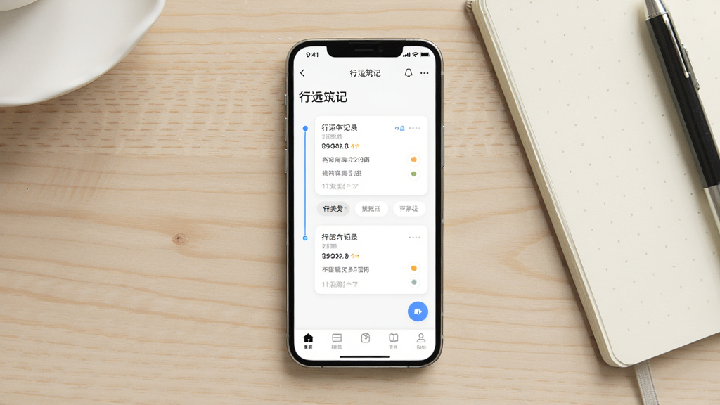 一张展示行远筑记软件主界面的预览图,画面中央是手机屏幕,屏幕内显示行远筑记应用界面,包含时间线记录卡片、标签分类和底部导航栏,背景为浅色木质桌面,旁边放着一本笔记本和一支笔,整体风格清新简约,细节清晰,画质干净,无多余元素