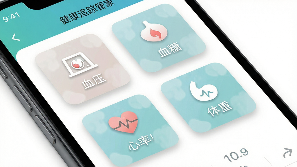 健康追踪管家多维度数据记录功能展示图,画面主体为手机屏幕特写,屏幕中显示健康追踪管家应用的数据录入界面,包含血压、血糖、心率、体重等多个图标入口,布局为网格排列,排版整齐有序,风格为清爽的医疗健康类UI,细节上图标带有柔和阴影,背景为纯白色,画质高清,干净,无多余元素