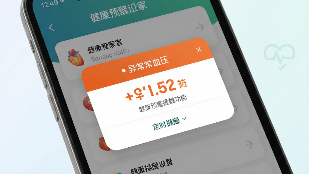 健康追踪管家健康预警提醒功能界面,画面主体为手机屏幕,屏幕显示健康追踪管家的预警提示弹窗和定时提醒设置页面,弹窗以橙色标注异常血压数值,布局为居中弹窗加背景列表,排版醒目,风格为医疗健康类应用风格,细节上弹窗带有柔和圆角,背景为浅色渐变,画质高清,干净,无多余元素