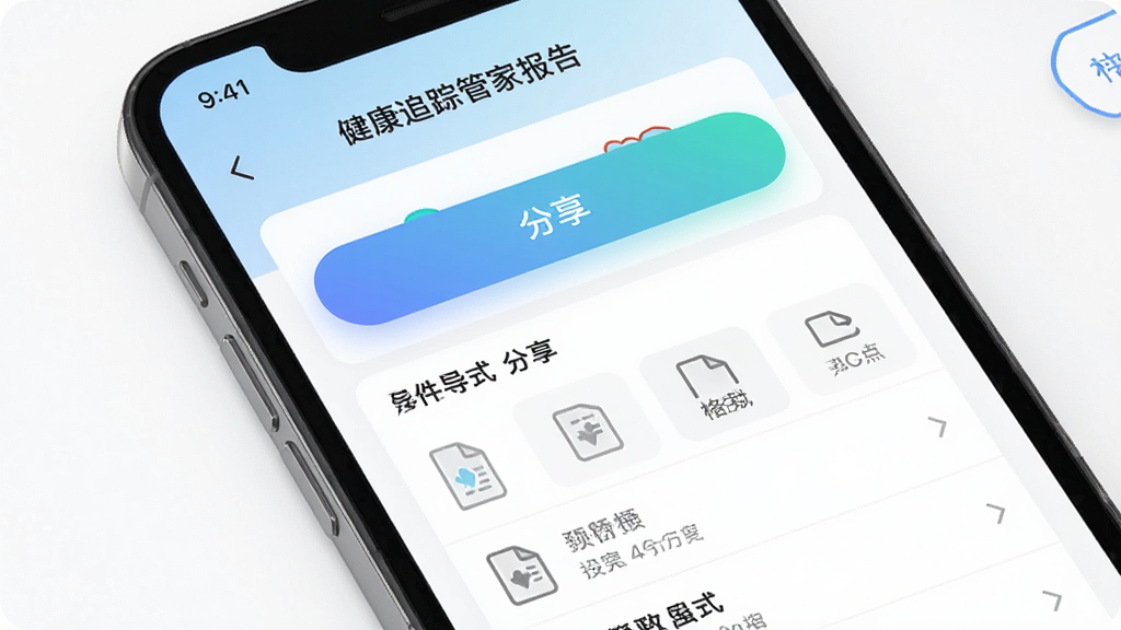 健康追踪管家数据导出与分享功能展示,画面主体为手机屏幕,屏幕显示健康追踪管家的数据报告导出页面,包含分享按钮和文件格式选项,布局为列表式排版,风格为简洁商务风,细节上按钮带有轻微渐变效果,背景为白色,画质高清,干净,无多余元素