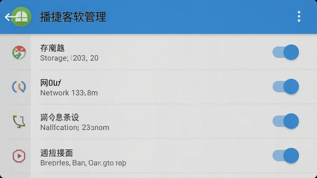 播捷客软件在手机上的权限设置界面截图,画面展示Android系统的应用权限管理页面,清晰显示存储、网络、通知等权限开关,界面风格为原生安卓设计,布局整洁,细节真实,画质清晰,无多余装饰元素