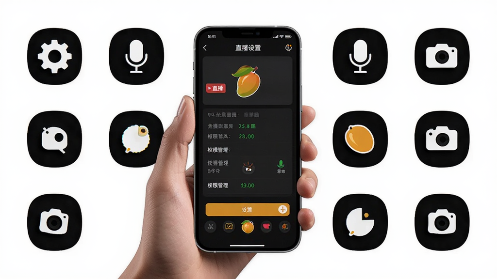 一幅展示芒果老师移动端操作界面的AI生图,画面中一只手拿着手机,屏幕上显示直播设置与权限管理页面,周围有齿轮、麦克风、摄像头等图标,风格简洁实用,布局清晰,细节丰富,画质高清,干净无多余元素