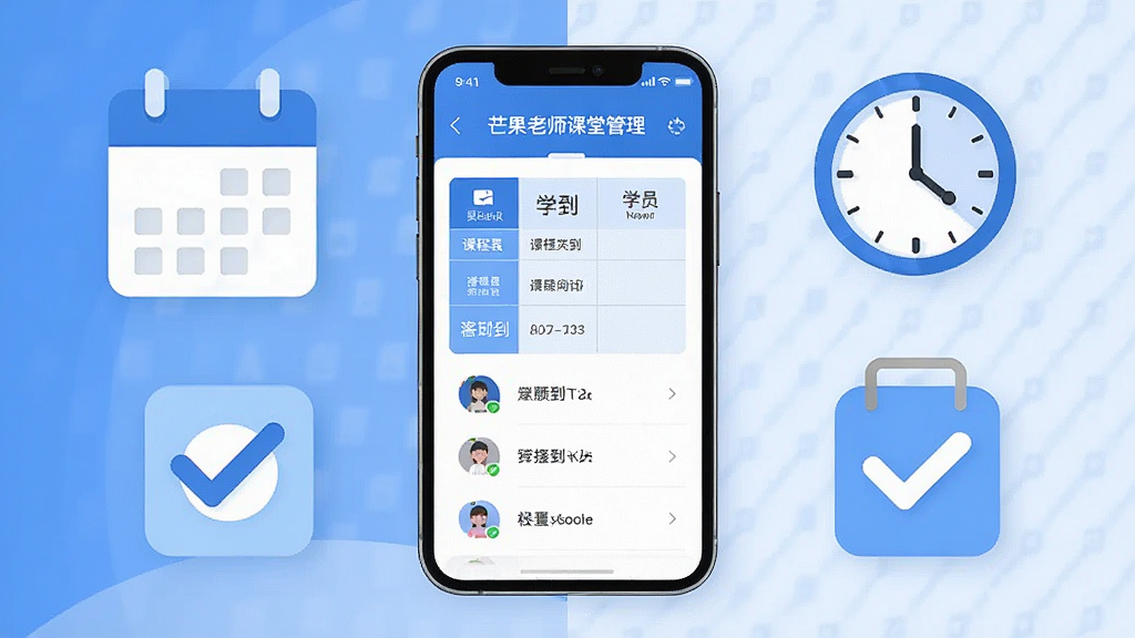 一幅展现芒果老师课堂管理功能的AI生图,画面主体是一部智能手机,屏幕内显示课程表与学员签到列表,周围环绕着日历、时钟、勾选标记等图标元素,布局简洁有序,风格现代扁平化,色彩以蓝白为主,细节丰富,画质高清,干净无多余元素
