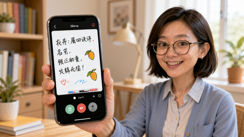 一幅展示芒果老师直播互动场景的AI生图,画面中一位教师正在使用手机进行直播教学,手机屏幕显示白板书写与连麦互动界面,背景是温馨的书房环境,风格写实明亮,细节清晰,画质细腻,干净无多余元素
