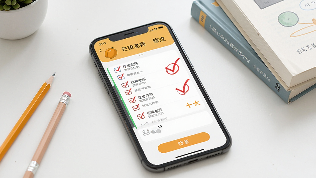 一幅展示芒果老师作业批改功能的AI生图,画面中手机屏幕上显示作业列表与批改界面,红笔勾选与评分标记清晰可见,旁边有铅笔、书本等学习用品点缀,布局整洁,风格清新简约,细节到位,画质高清,干净无多余元素