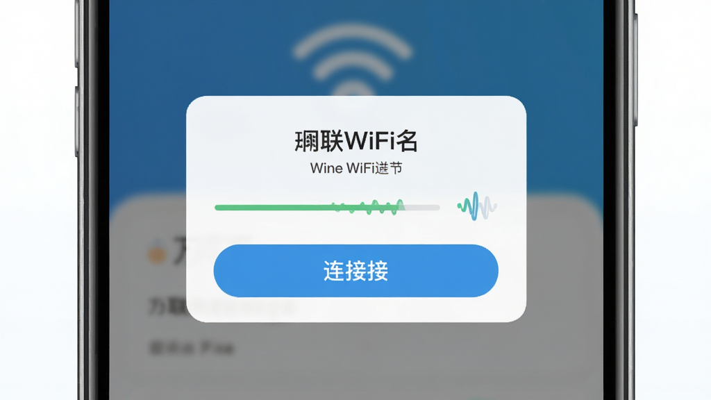 万联WiFi通一键连接操作界面图,画面展示手机屏幕上的WiFi连接确认弹窗,包含网络名称和连接按钮,布局为居中弹窗样式,风格为清新浅色系扁平化设计,细节包括连接进度条和信号波动动画,画质清晰,干净利落,无多余元素