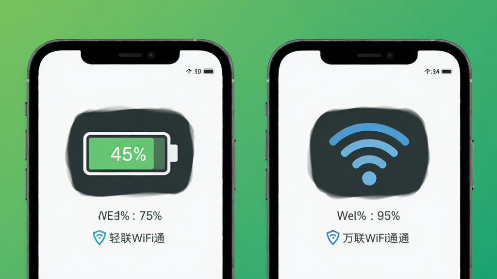 万联WiFi通轻量省电特性展示图,画面为手机屏幕显示电池图标和WiFi信号图标并列,背景为绿色渐变,布局为左右对称,风格为简约扁平化设计,细节包括电量百分比和节能标识,画质清晰,干净整洁,无多余元素