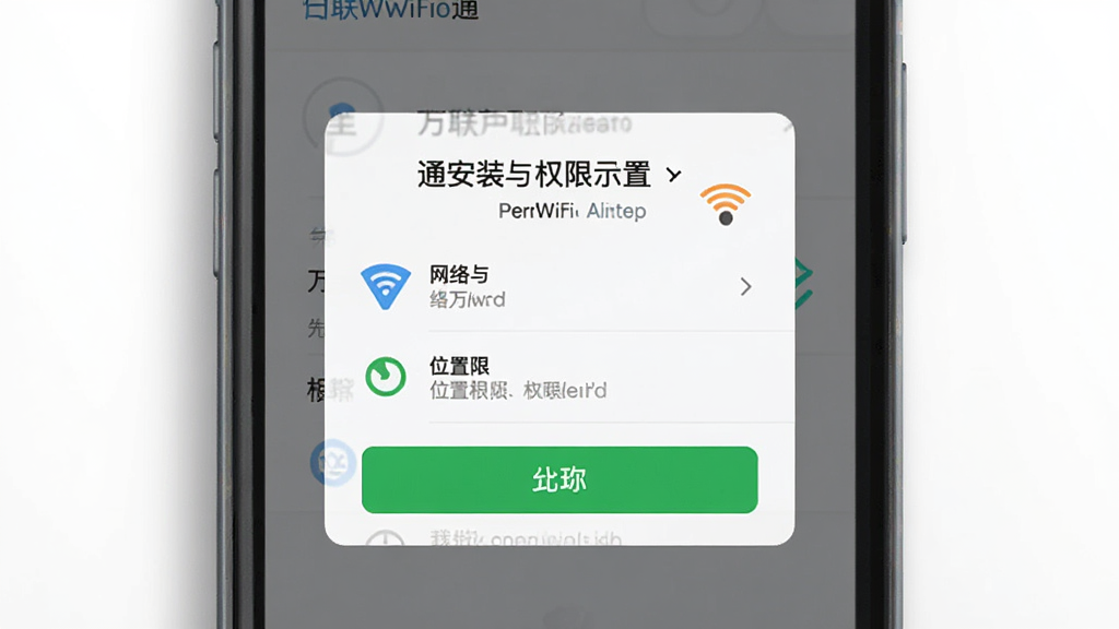 万联WiFi通安装与权限设置示意图,画面为手机屏幕显示权限授权弹窗,包含网络和位置权限选项,布局为居中弹窗排版,风格为扁平化浅色设计,细节包括权限图标和允许按钮,画质清晰,干净整洁,无多余元素