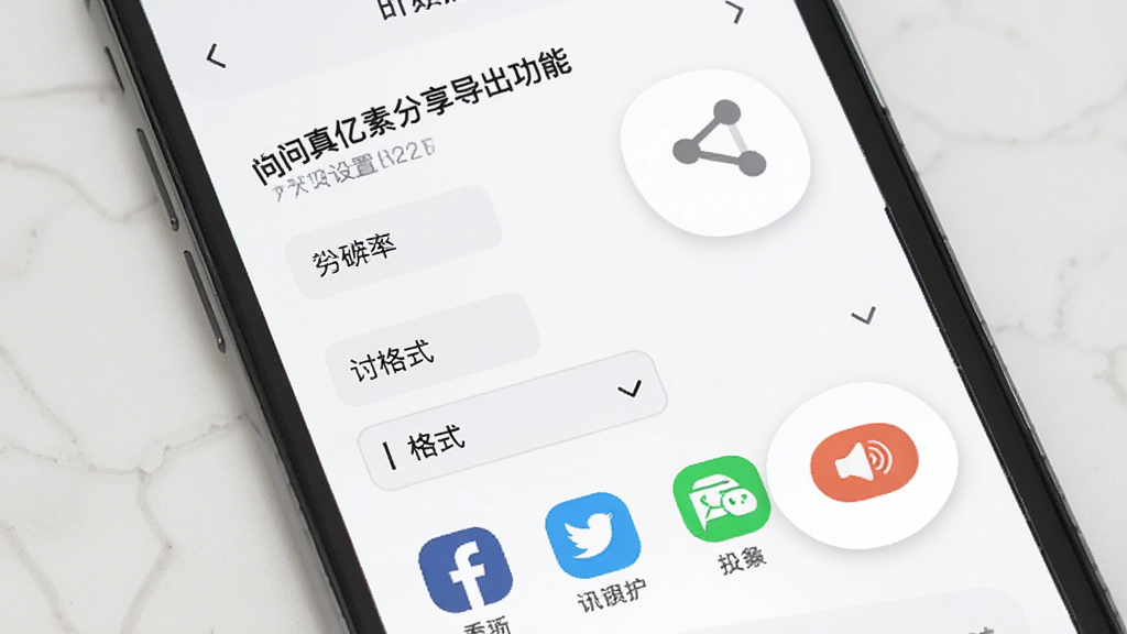 一张展示问真亿素元分享导出功能的生图,主体为手机屏幕显示导出设置界面和分享图标,布局为软件操作界面特写,排版简洁明了,风格为现代简约,细节包括分辨率选项、格式选择和社交平台图标,画质清晰,干净,无多余元素