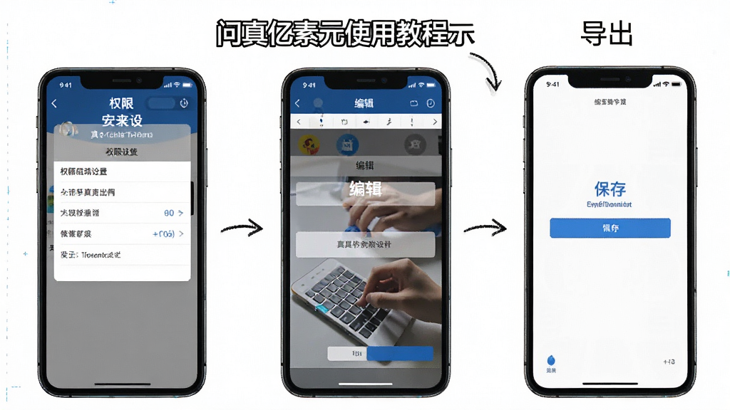 一张展示问真亿素元使用教程的示意图,主体为手机屏幕分步操作截图,布局为纵向排列展示安装到导出的完整流程,排版清晰有序,风格为教程说明风,细节包括权限设置界面、编辑界面和保存界面,画质清晰,干净,无多余元素