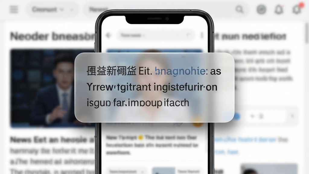 屏幕实时翻译大师 软件主界面预览图,画面中央展示一款安卓手机,手机屏幕上悬浮着一个半透明的翻译浮窗,浮窗内显示中英对照文字,背景是模糊的外文新闻页面,整体风格简洁科技感,布局居中,排版清晰,风格写实,细节包括浮窗边缘的圆角高光与柔和阴影,画质高清,画面干净,无多余元素