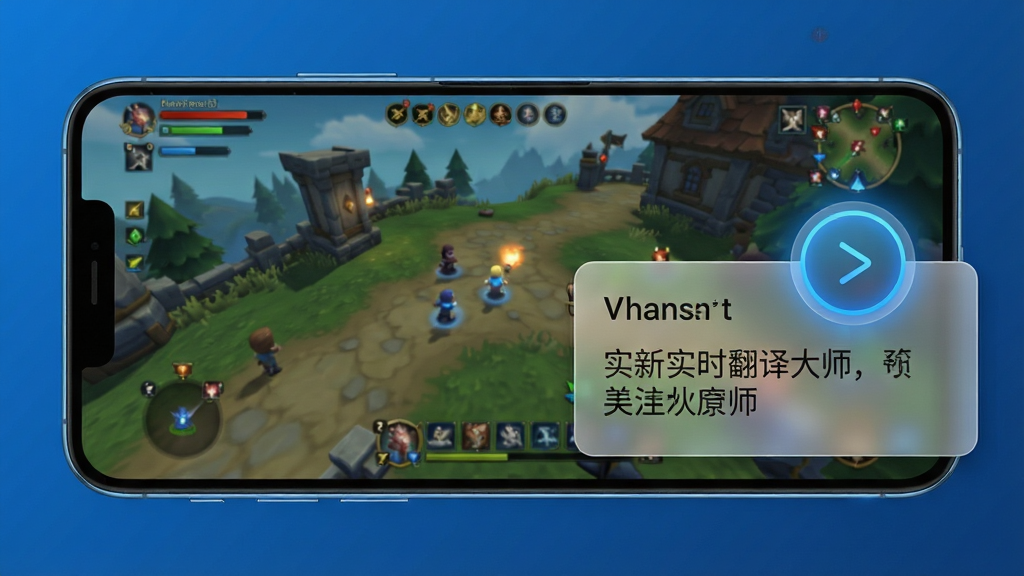 屏幕实时翻译大师 悬浮取词功能示意图,画面展示一部安卓手机横屏显示外文游戏界面,屏幕右侧有一个圆形悬浮按钮,按钮旁边展开一个翻译结果卡片,卡片内中文译文清晰可见,背景为游戏场景,主体突出悬浮按钮与翻译卡片,布局采用右侧悬浮式,排版简洁,风格偏科技蓝调,细节包括按钮的微光效果和卡片的半透明毛玻璃质感,画质高清,画面干净,无多余元素