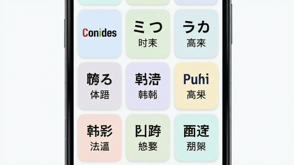 屏幕实时翻译大师 多语种翻译展示图,画面中央是一部安卓手机,手机屏幕被分割成多个小卡片,每个卡片上分别显示英语、日语、韩语、法语等不同语言的单词与对应的中文翻译,卡片以网格状排列,布局整齐,排版有序,风格清新明亮,细节包括卡片圆角与淡色背景,画质高清,画面干净,无多余元素