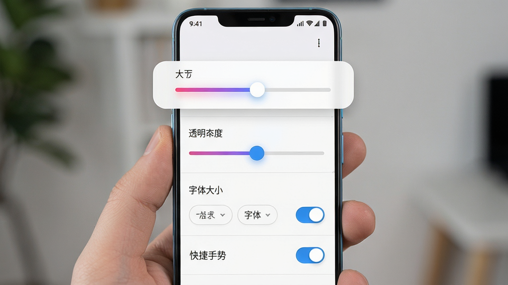 屏幕实时翻译大师 个性化设置界面预览图,画面展示一部安卓手机的设置页面,页面上有悬浮按钮大小滑块、透明度调节条、字体大小选项和快捷手势开关,界面布局为垂直列表式,排版清晰,风格简约现代,细节包括滑块的渐变色彩和开关的圆润造型,画质高清,画面干净,无多余元素