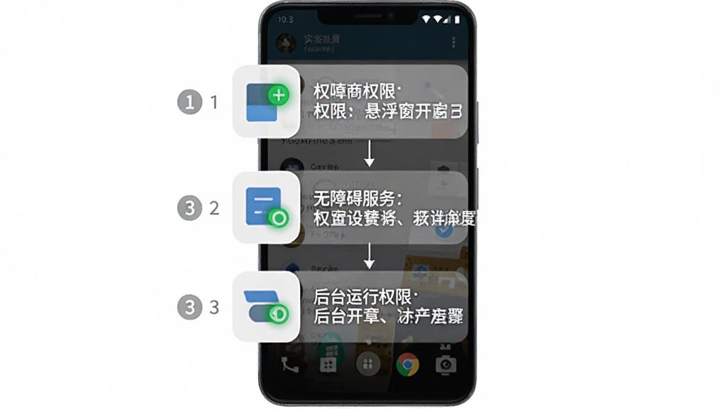 屏幕实时翻译大师 权限设置与悬浮窗开启步骤图,画面展示一部安卓手机,屏幕上依次排列着悬浮窗权限、无障碍服务、后台运行权限三个设置入口的图标与说明文字,布局为垂直步骤式,排版清晰,风格扁平化,细节包括权限开关的绿色高亮状态和步骤序号,画质高清,画面干净,无多余元素