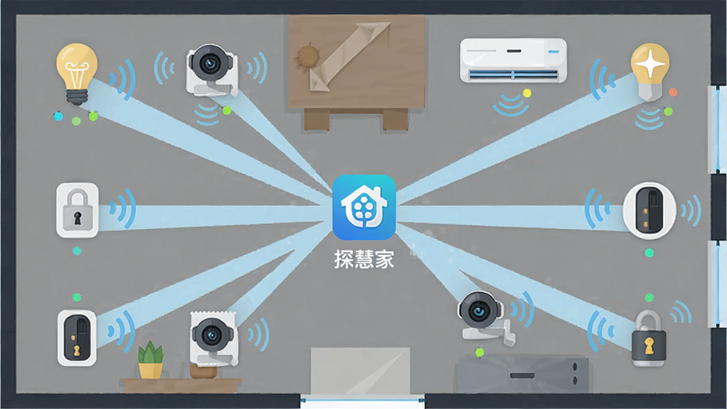画面展示一个现代家庭的俯视布局图,房间内分布着各种智能设备图标,包括灯泡、摄像头、空调、门锁等,所有图标通过淡蓝色光线连接到画面中央的“探慧家”应用图标上,布局清晰对称,风格为科技感扁平插画,细节包括设备连接状态的小圆点和信号波纹,画质高清,干净整洁,无多余元素